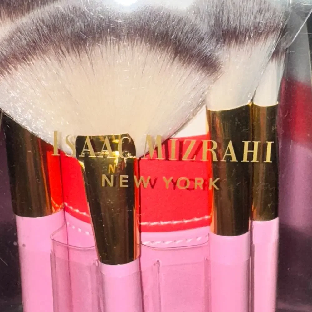 Isaac Mizrahi Makeup Brush Set With Holder Pink Powder Fan Blush Foundation New